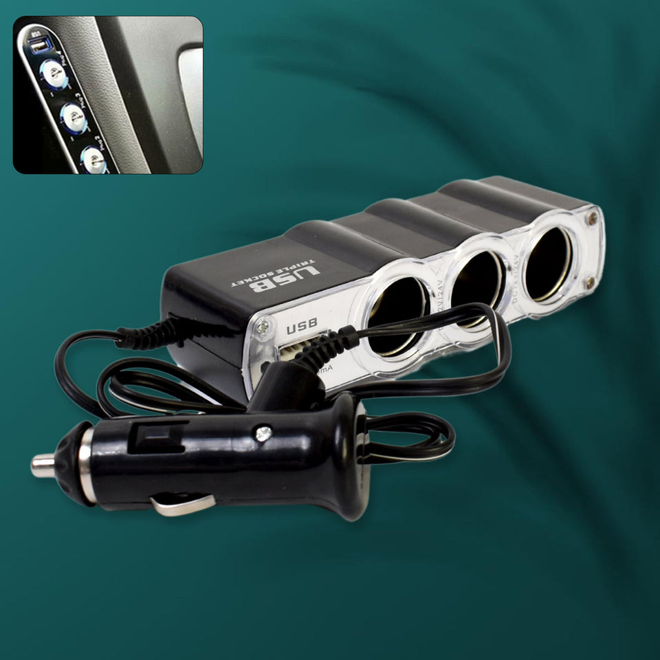 Triple 3 Way Car 12v Lighter Socket Splitter USB Charger Power Adapter