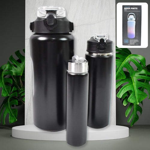 3 In 1 Stainless Steel Insulated Water Bottle, Double Wall Vacuum (3 Pcs Set / Different Size)