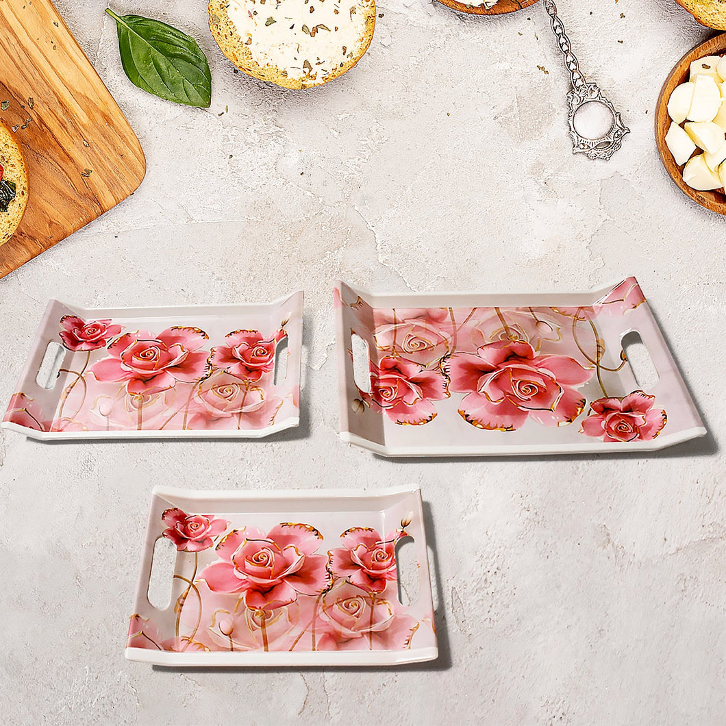 Plastic Rectangular Shape Flower Printed Design Serving Tray 3 pcs Home and Kitchen Use (3 pcs set)