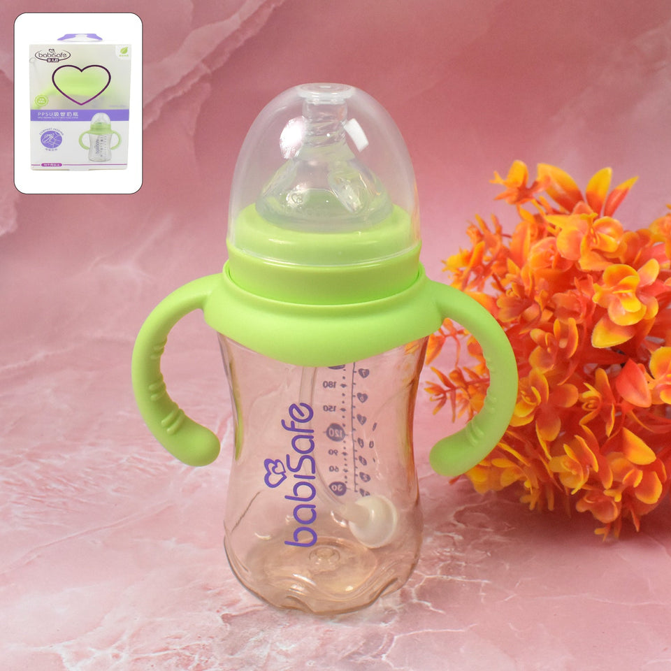 Plastic Baby Feeding Bottle with Handles, Cleaning brush & Straw (300 ML / 1 Pc)