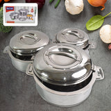 Royal Unique Hot Pot Stainless Steel Insulated Serving Casserole with Lid & Handle (3 pcs Set)