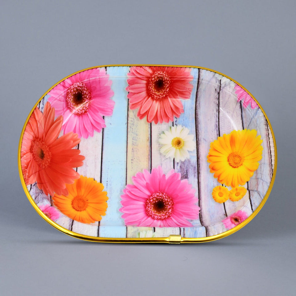 Medium Plastic Flower Printed Design Serving Tray (1 Pc / 31 x 21 CM / Mix Color)