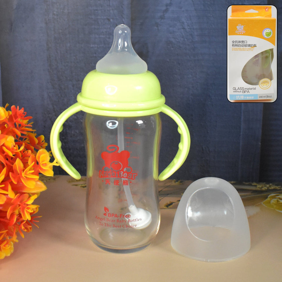 Glass Baby Feeding Bottle with Handles & Straw (240 ML / 1 Pc)