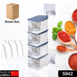 4 Layer Creative Adhesive Wall Hanging Rotary Seasoning Box Condiment Storage Container Kitchen with Spoon Pepper Sugar Spice Jar Rack Food