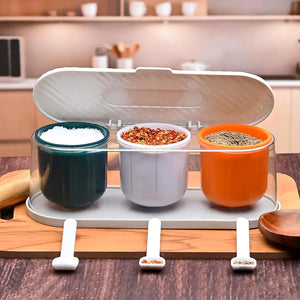 Home Kitchen 3 Grid Seasoning Spice / Masala Box Kit with Spoon (Multicolor / 1 Set)