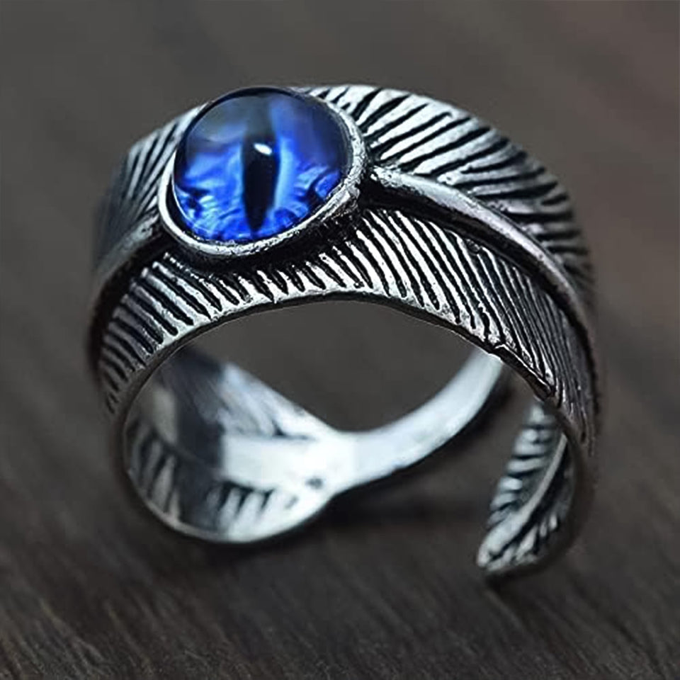 Open Blue Evil Eye Feather Finger Ring