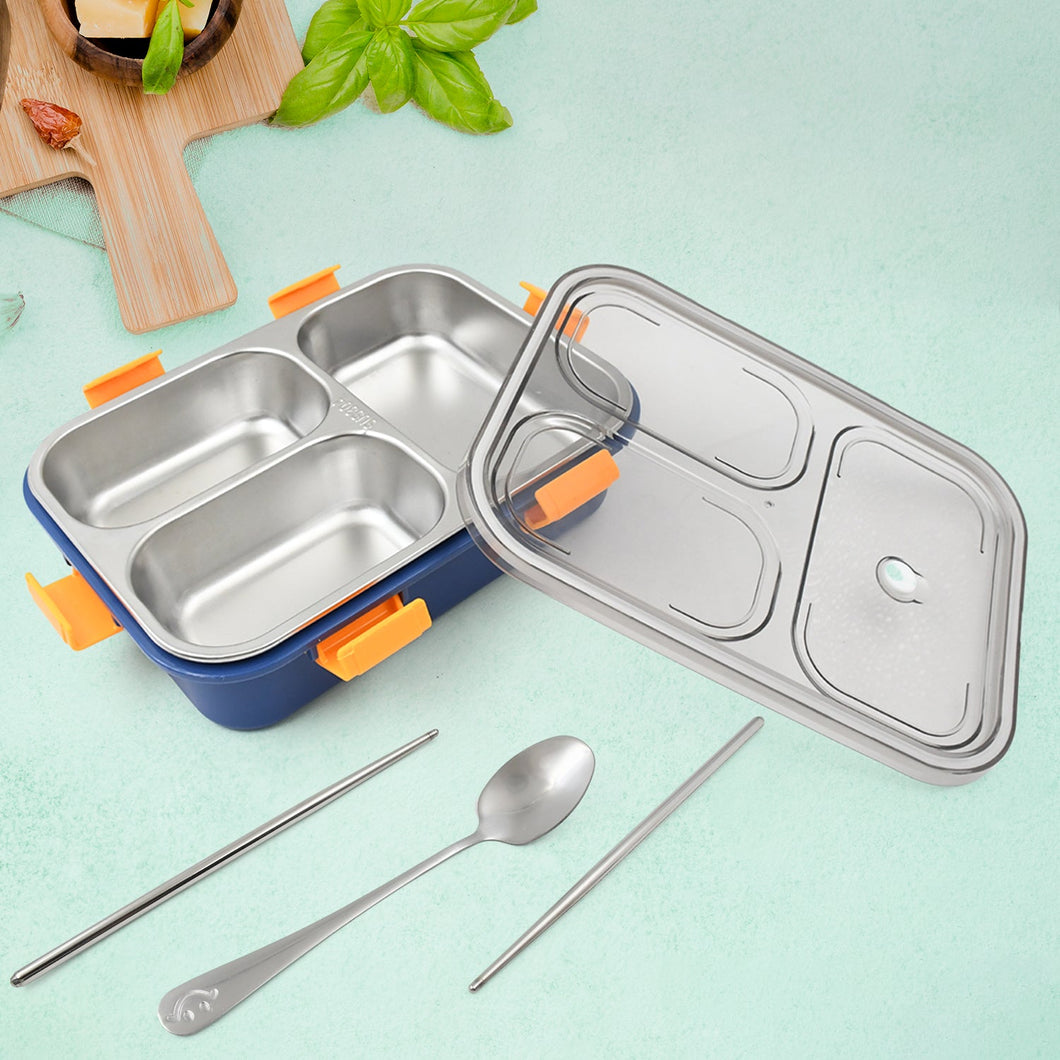 3 Compartment Transparent Stainless Steel Lunch Box with a Spoon and a Pair of Chopsticks (1 Set)