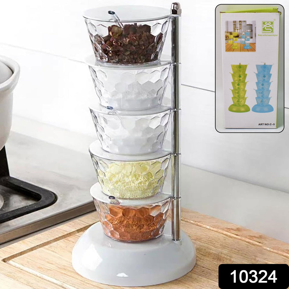 5 Section 360° Rotating Vertical Seasoning Box Plastic Pickle Tower | Spice Rack (5 Layer with 5 Plastic Spoon / 1 Set)