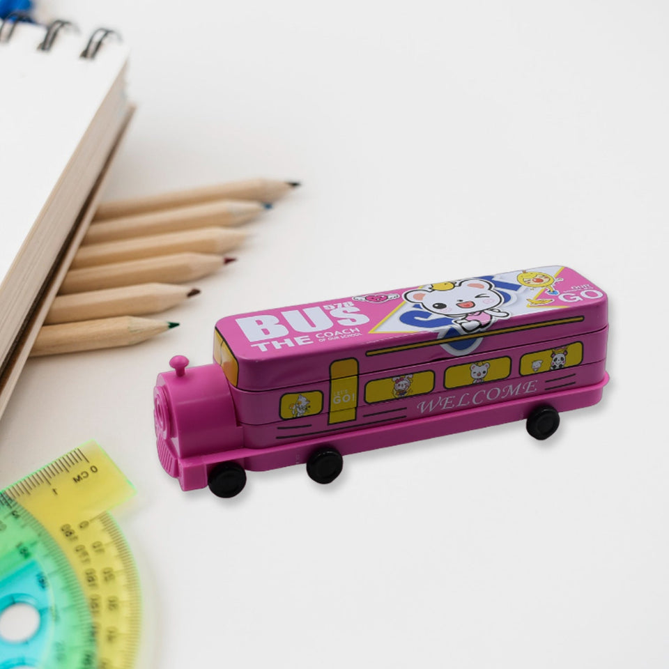 Double Decker Magic Bus Compass 2 Layer Metal Bus Compass Case with Movable Wheels & Sharpener Bus Shape with Tiers Metal Box for Kids Birthday Party