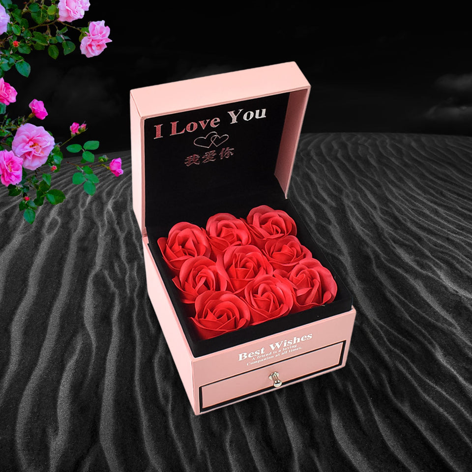 Preserved Eternal Rose Flower Gift Box Drawer with I Love You & Artificial 9 Pcs Rose (1 Set)