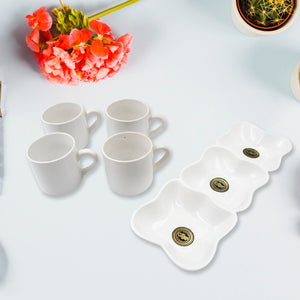 Triple Mazza Ceramic Tea / Cups Set Including 3 Compartment Plastic Serving Platter (4 Pcs Set)