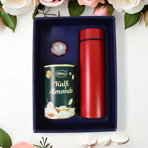 Personalized Temperature Water Bottle, Silver color Coin & Chocolate (With Attractive Peacock Box / 3 Pc Set)