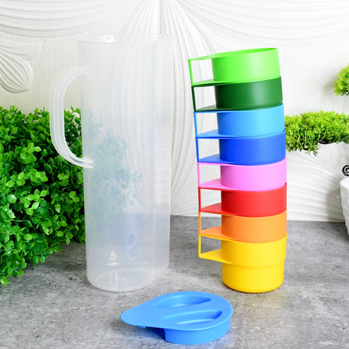 Rainbow Picnic Plastic Pitcher / Jug / Kettle Glass / Cup Set Water Bottle+Cup (9 Pcs Set)