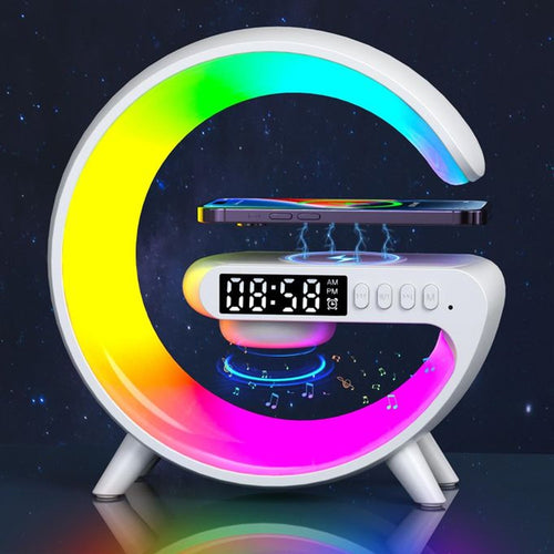 Smart Alarm Clock with G-Shape RGB Light Bluetooth Speaker, Wireless Charging (1 Pc)