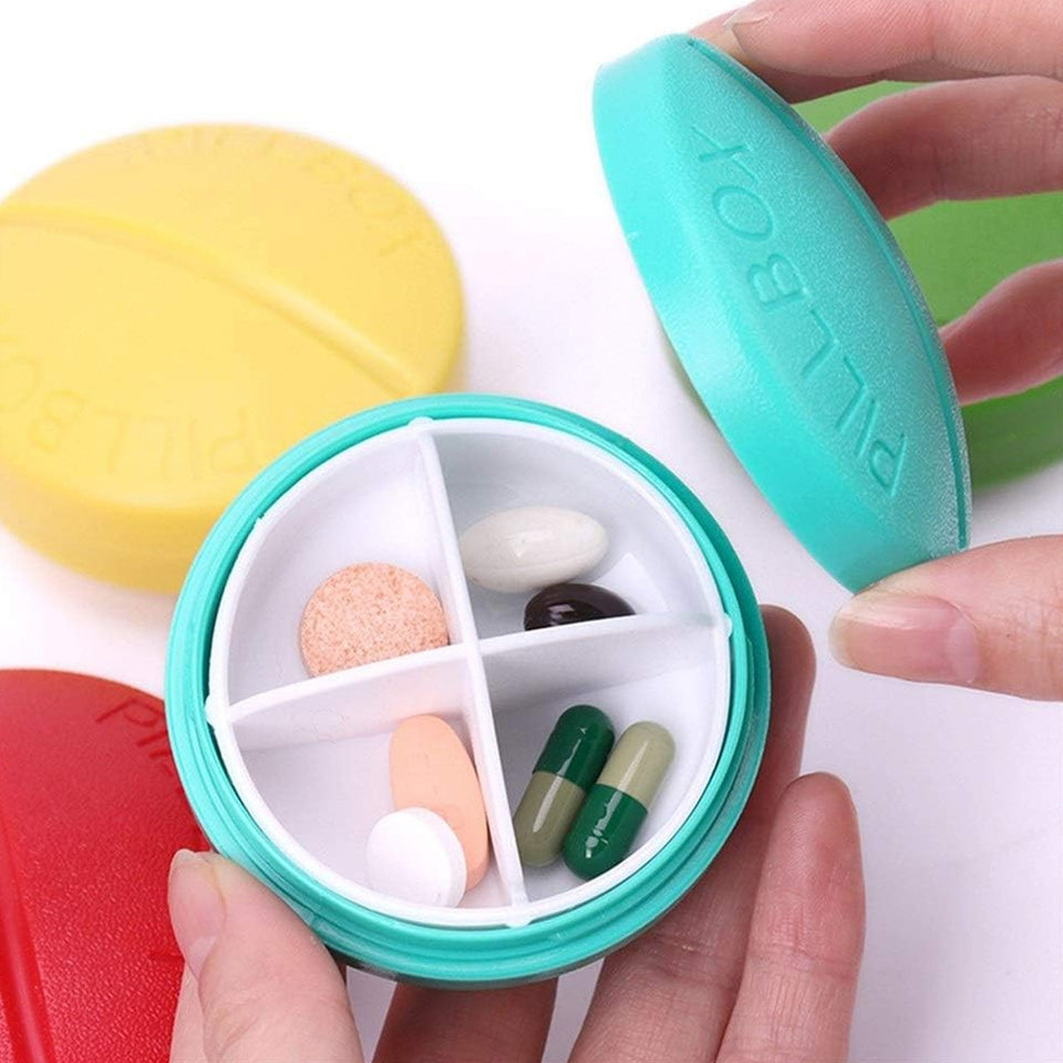 Portable Round Shape 4 Compartments Pill Box (1 Pc / With Brown Box)