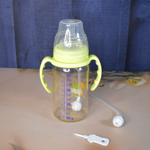 Plastic Baby Feeding Bottle with Handles, Cleaning brush & Straw (300 ML / 1 Pc)