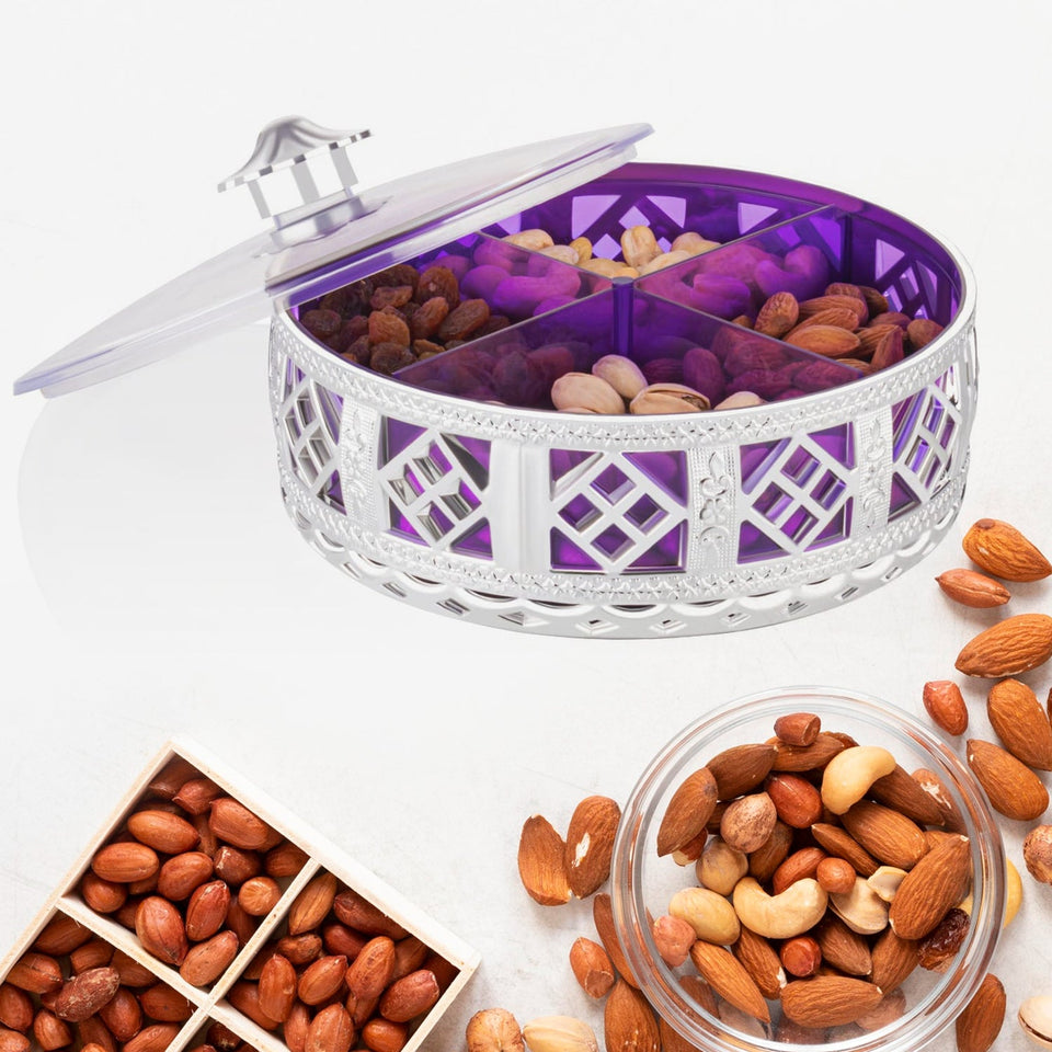 Multipurpose Dry Fruit Box 4 Section Dry Fruit Round Silver Gift Box (1 Pc)