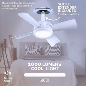 Socket Fan Light Original - Cool Light LED – Ceiling Fans with Lights and Remote Control, Replacement for Lightbulb - Bedroom, Kitchen, Living Room,1000 Lumens / 5000 Kelvins Cool LEDs (Remote Battery Not Included)