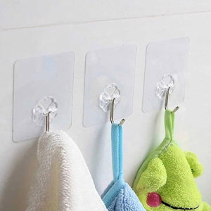 Self Adhesive Transparent Sticky Plastic & Stainless Steel Wall Hooks (10 Pcs Set)