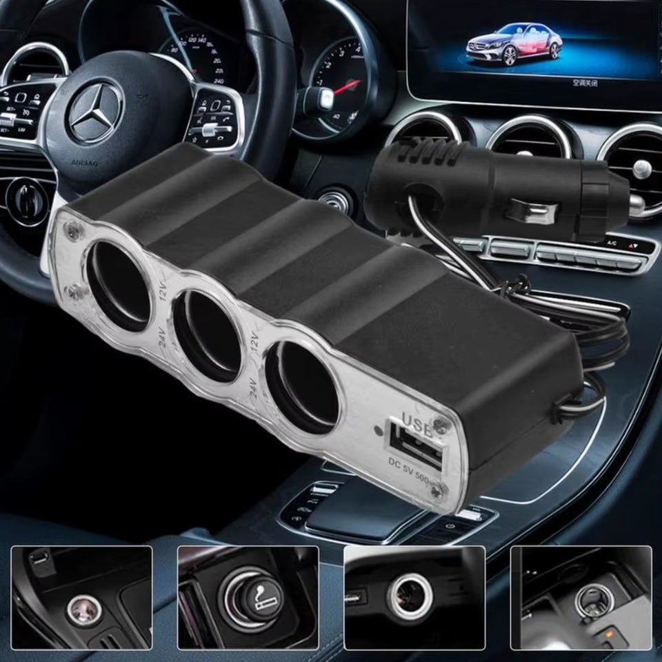 Triple 3 Way Car 12v Lighter Socket Splitter USB Charger Power Adapter