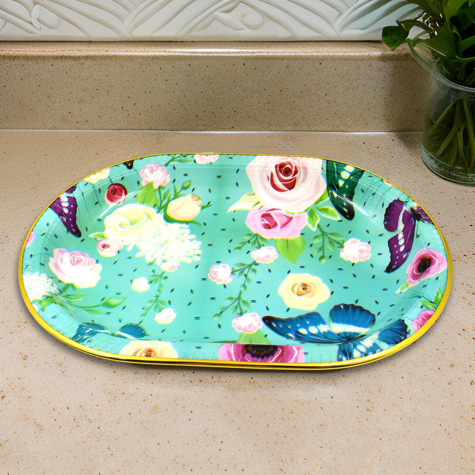 Big Plastic Flower Printed Design Serving Tray (1 Pc / 35 x 24 CM / Mix Color)