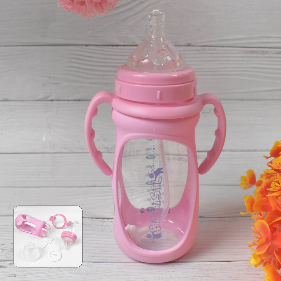 Baby Feeding Bottle with Handles & Straw (Mix Design, Size & Color / 1 Pc)