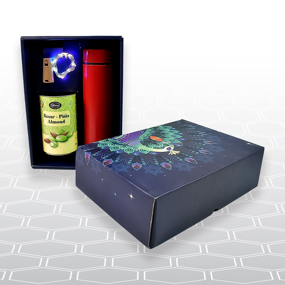 Personalized Temperature Water Bottle, Decorative Light & Kesar-Pista Almond Chocolate (With Attractive Peacock Box / 3 Pc Set)