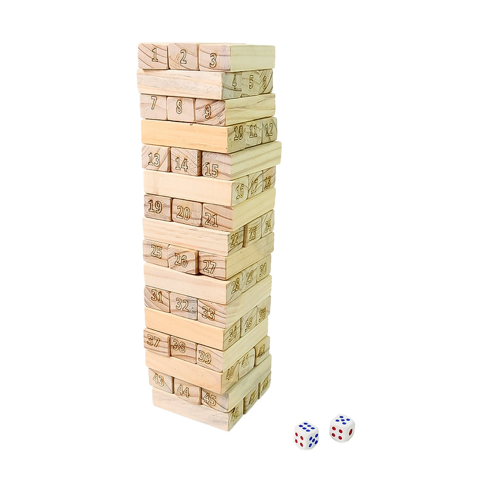 Wooden Tumbling Stacking Tower Game, Zenga tower (48 Pcs Blocks 2 Dices)