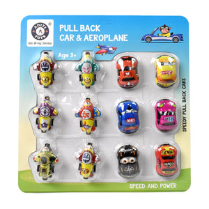 Mini Pull Back Car & Aeroplane PVC Plastic Pull Back Car Cartoon Toys (12 Pcs Set)