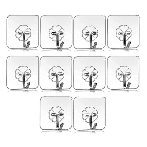 Self Adhesive Transparent Sticky Plastic & Stainless Steel Wall Hooks (10 Pcs Set)