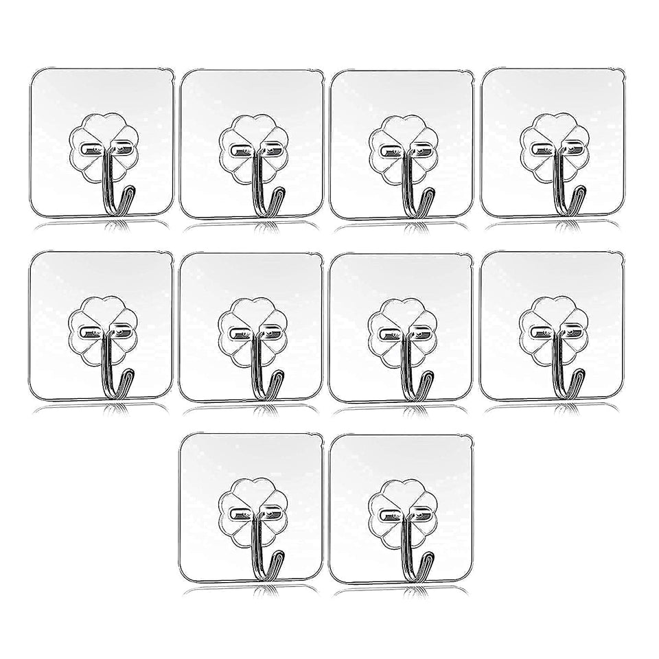 Self Adhesive Transparent Sticky Plastic & Stainless Steel Wall Hooks (10 Pcs Set)