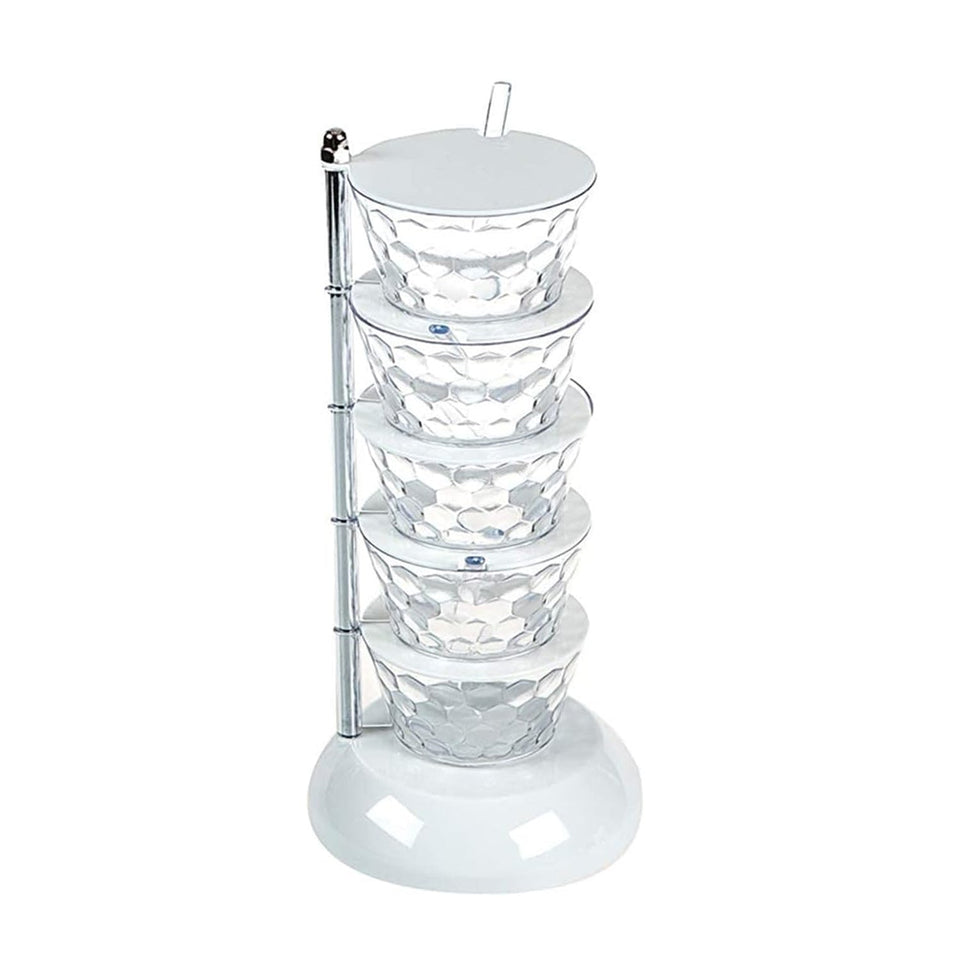 5 Section 360° Rotating Vertical Seasoning Box Plastic Pickle Tower | Spice Rack (5 Layer with 5 Plastic Spoon / 1 Set)