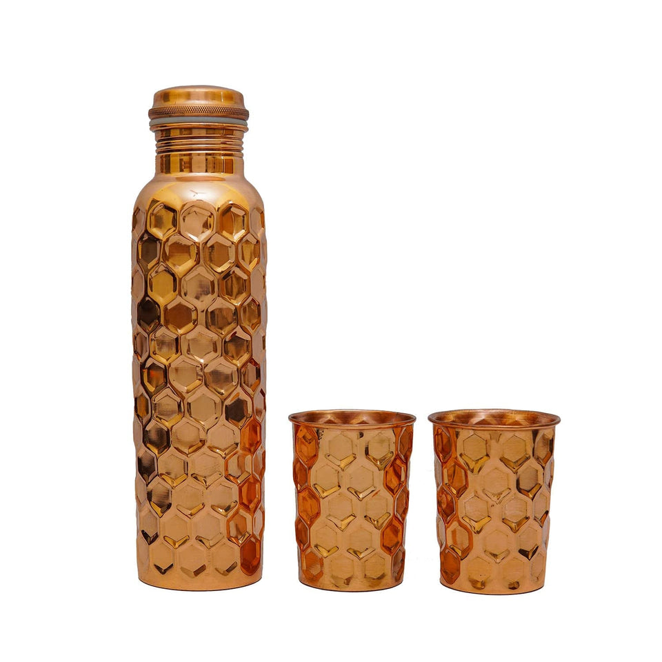 Diamond Cut Copper Water Bottle 2 Glasses with Gift Box (3 Pcs Set)