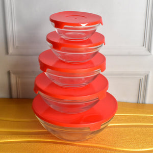 Modern Glass Bowl Set, Mixing / Storage Bowls with Red Lids (5 Pcs Set)