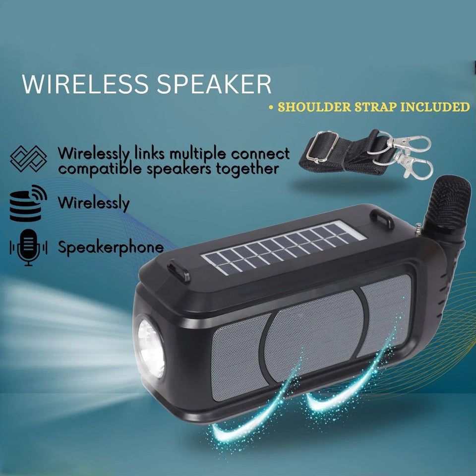 Wireless Bluetooth Speaker 5W High Bass with Wireless Mic / Microphone, LED Torch, Solar Charging, Support USB & Adjustable Strap (1 Set)