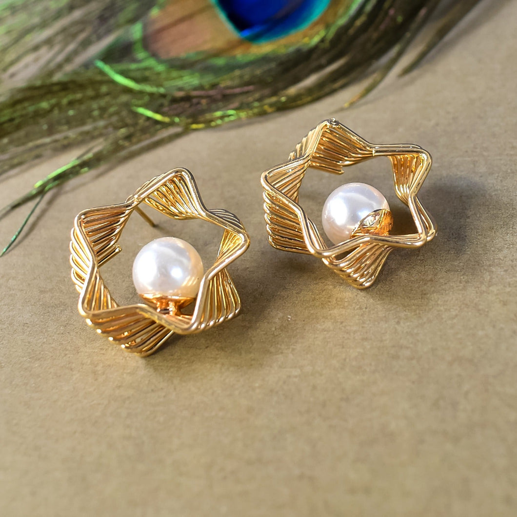 Elegant Gold-Plated Geometric Drop Earrings with White Pearl