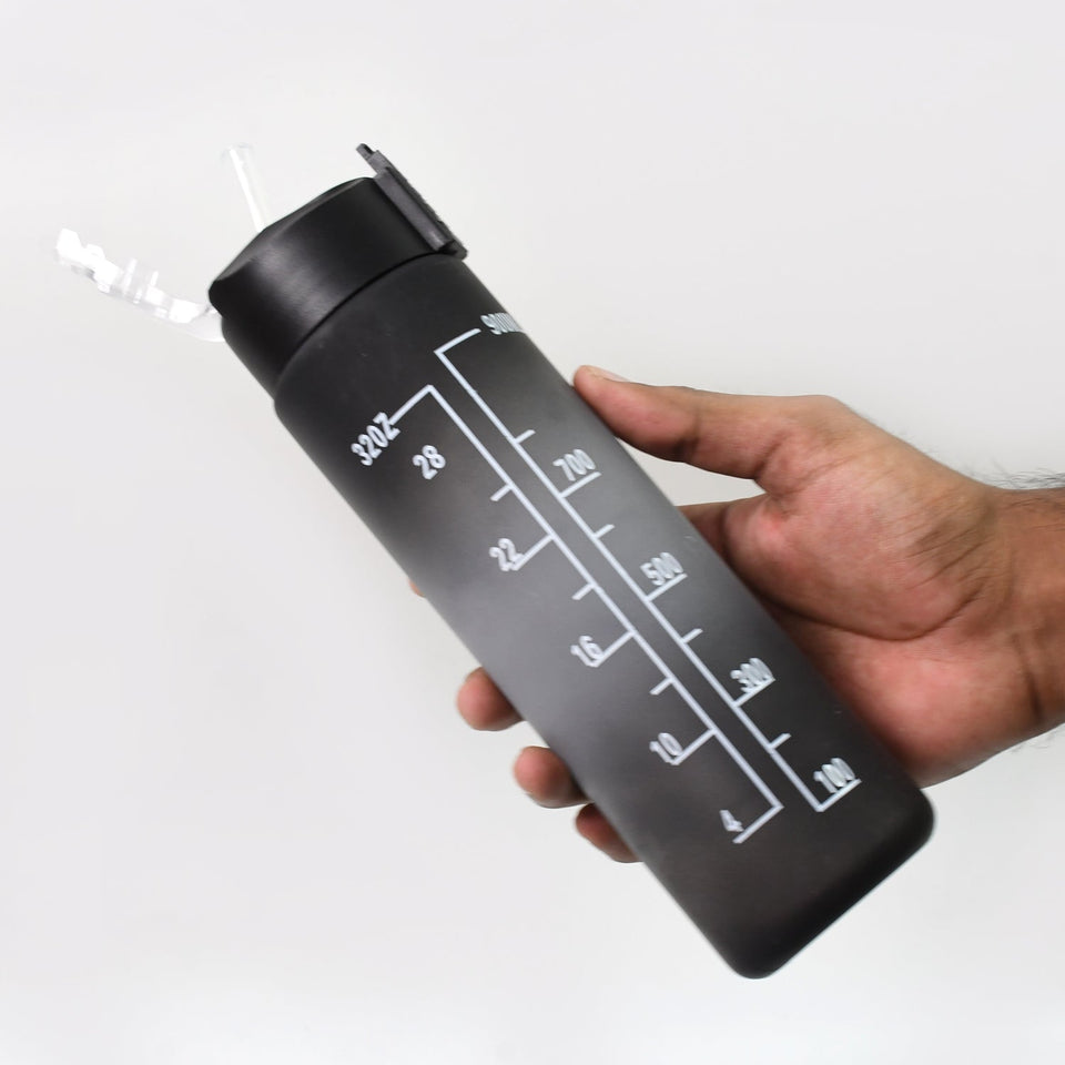 Plastic Black Motivational Water Bottle with Straw (900 ML)