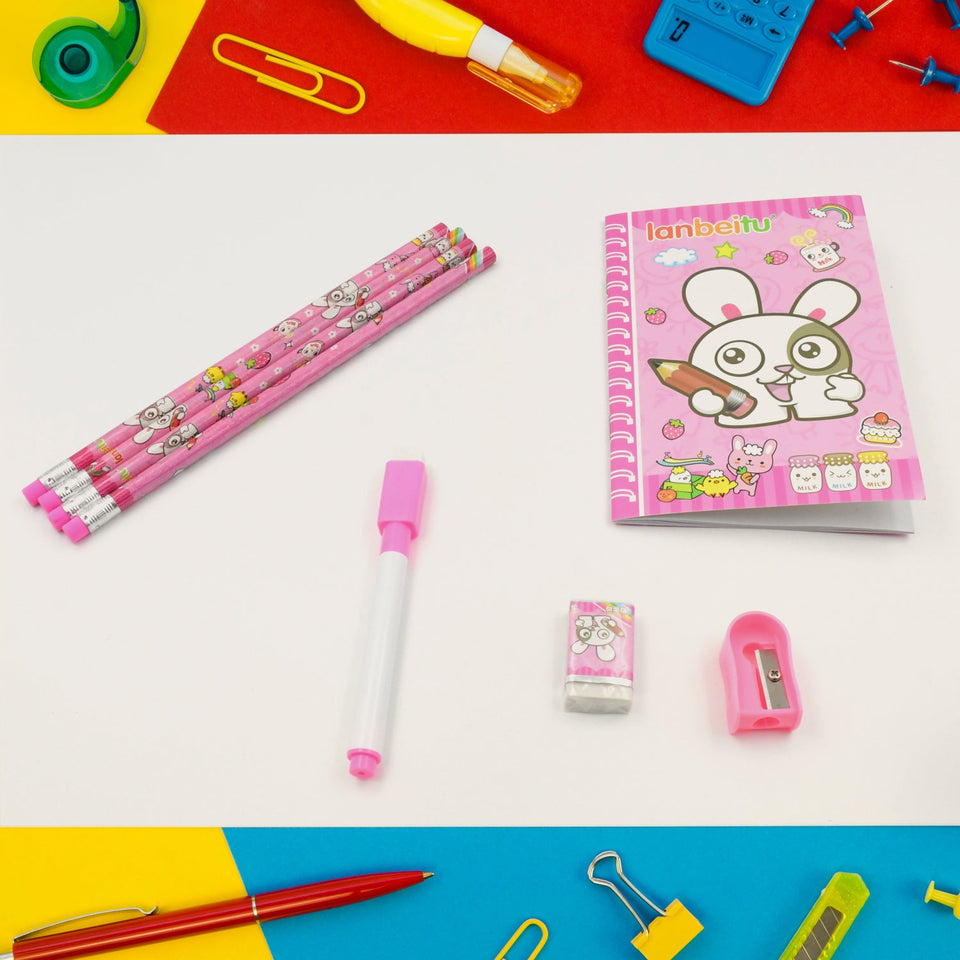 Kids' Stationery Kit: Wooden Pencils, Sharpener, Eraser, Diary (8 Pc Set)