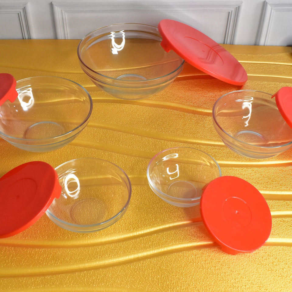 Modern Glass Bowl Set, Mixing / Storage Bowls with Red Lids (5 Pcs Set)