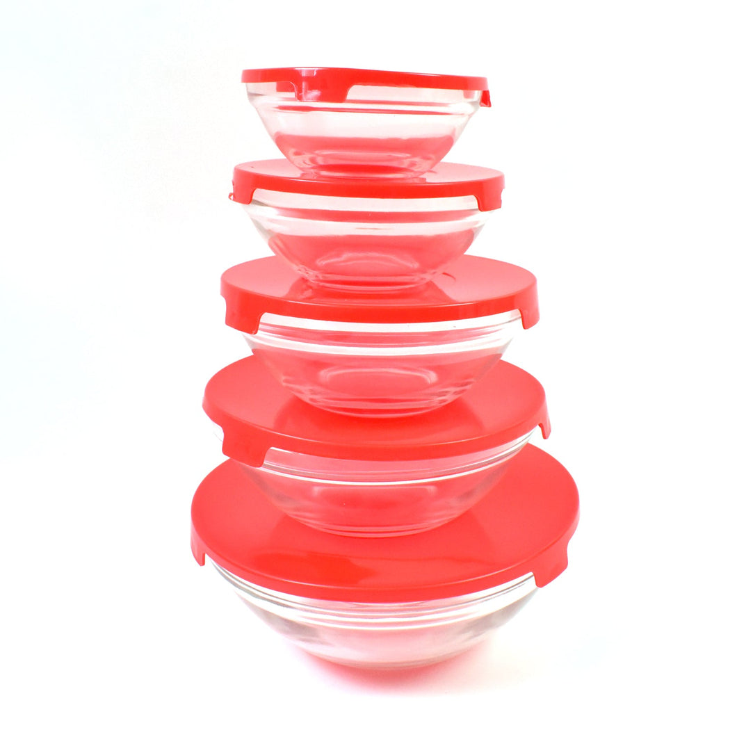 Modern Glass Bowl Set, Mixing / Storage Bowls with Red Lids (5 Pcs Set)