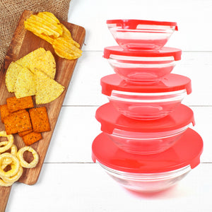 Modern Glass Bowl Set, Mixing / Storage Bowls with Red Lids (5 Pcs Set)