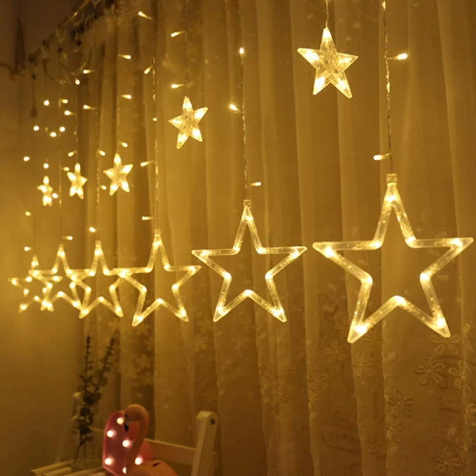 12 Stars LED Curtain String Lights with 8 Flashing Modes for Home Decoration, Diwali & Wedding LED Christmas Light Indoor and Outdoor Light ,Festival Decoration  (Warm White / With Box)