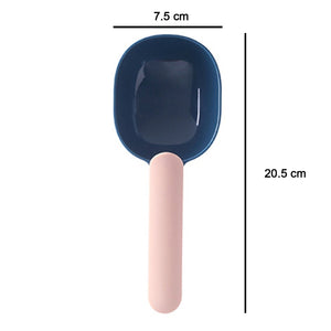 Pet food shovel with ergonomic handle and clip design