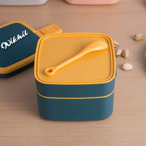 Customized BLUE DOUBLE-LAYER PORTABLE LUNCH BOX STACKABLE WITH CARRYING HANDLE AND SPOON LUNCH BOX , Bento Lunch Box