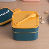 Customized BLUE DOUBLE-LAYER PORTABLE LUNCH BOX STACKABLE WITH CARRYING HANDLE AND SPOON LUNCH BOX , Bento Lunch Box