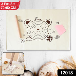 3 In 1 Heavy Silicone Baking Mat With Wooden Belan & Cake Scraper (3 Pcs Set / 70×50 CM)