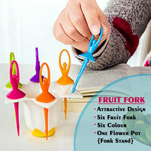 Set of 6 fruit forks with a doll-themed stand