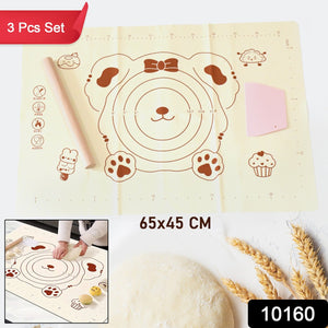 3 In1 Silicone Baking Mat With Wooden Belan & Cake Scraper (3 Pcs Set / 65×45 CM)