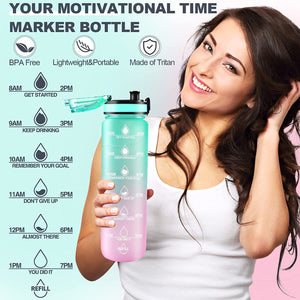 Motivational Water Bottle with Straw & Time Marker - Leakproof Tritan Portable Gym Bottle for Sports, Hiking & Camping