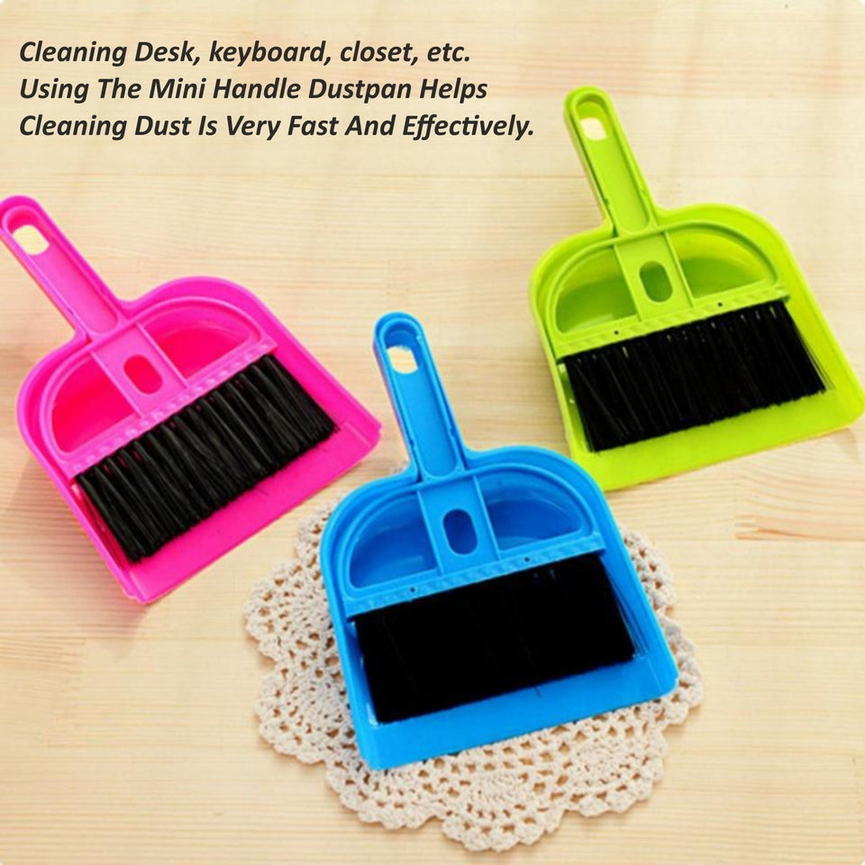 Compact cleaning set with plastic dustpan and brush.